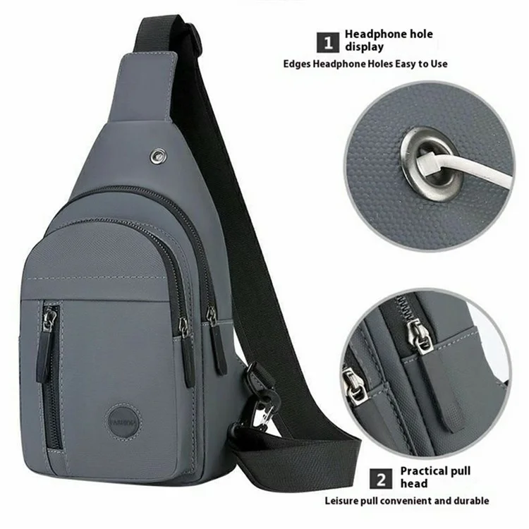 Waterproof Leather Chest Bag for Men Casual Single Shoulder Crossbody Pack with Earphone Hole - Grey