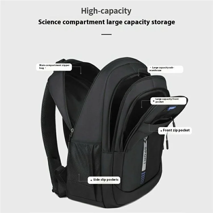 For 17 Inch Laptop Waterproof Oxford Fabric Backpack Breathable Large Capacity Men Rucksack - Black