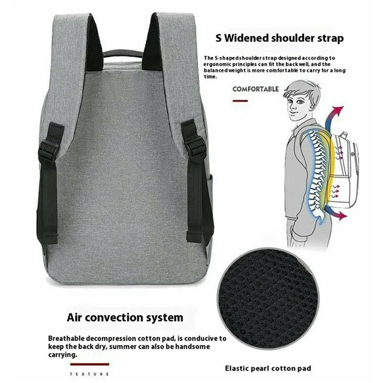 Double Zipper Design Large Capacity Men Shoulder Bag Canvas Business Laptop Backpack with External USB Port - Grey