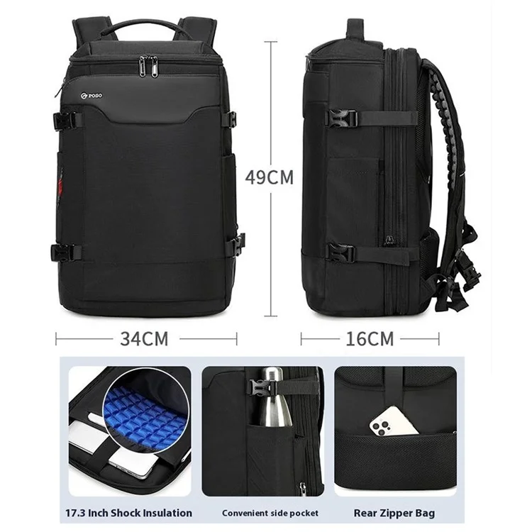 Mochila de Viagem Expansível com Compressão POSO 676 para Laptop de 17,3 Polegadas com Bomba de Vácuo (Sem Iluminação)