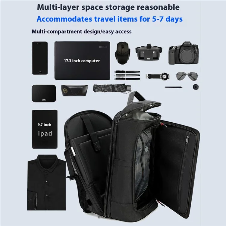 Mochila de Viagem Expansível com Compressão POSO 676 para Laptop de 17,3 Polegadas com Bomba de Vácuo (Sem Iluminação)