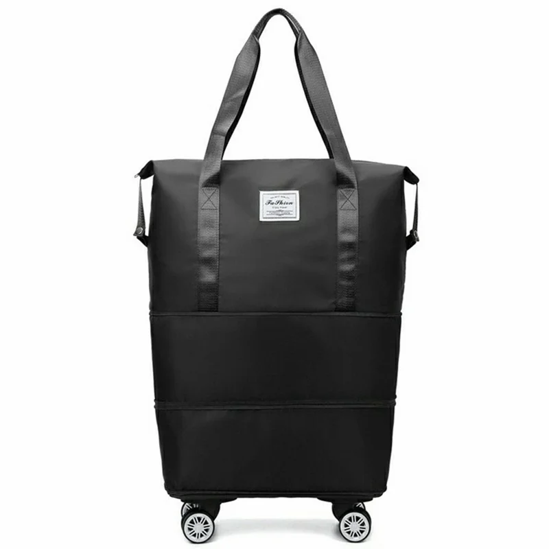 Foldable Duffel Bag with Wheels Large Capacity Waterproof Oxford Cloth Travel Luggage Clothes Storage Bag - Black