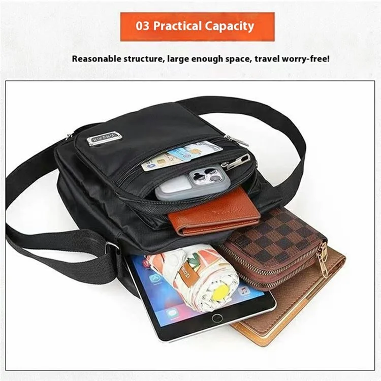 Men Oxford Cloth Single Shoulder Crossbody Bag Business Casual Vertical Sling Bag with 6 Zippers - Black
