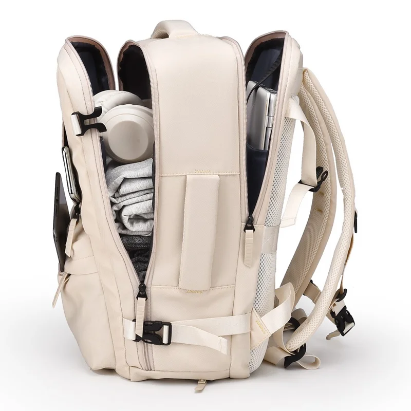 B723 180 Degree Opening Travel Backpack Oxford Cloth Laptop Rucksack with Shoe Compartment - Beige