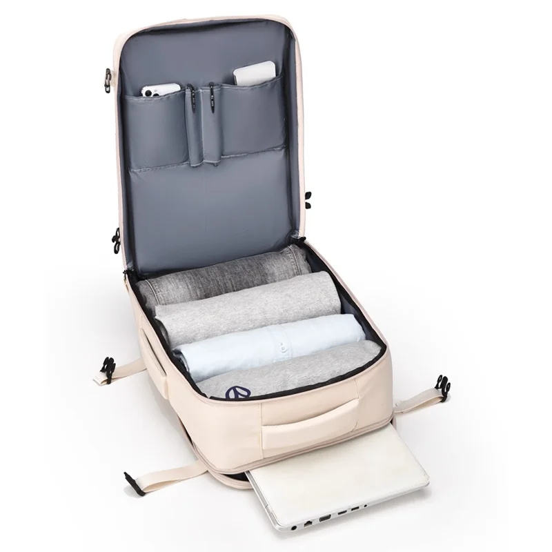 B723 180 Degree Opening Travel Backpack Oxford Cloth Laptop Rucksack with Shoe Compartment - Beige