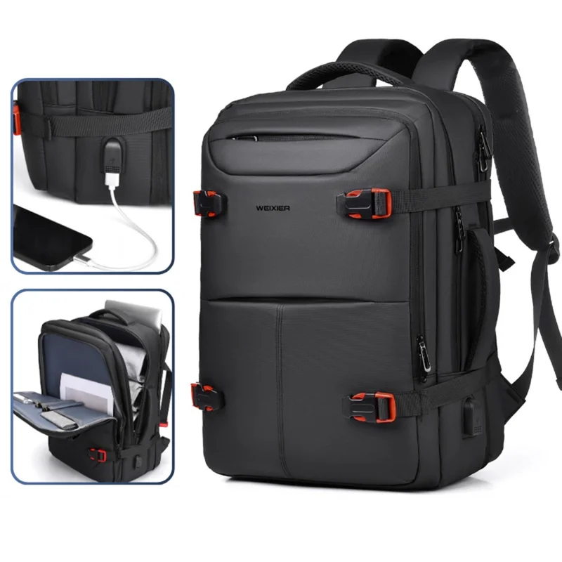 WEIXIER B735 Business Laptop Backpack Expandable Capacity Shoulder Bag with External USB Port - Black