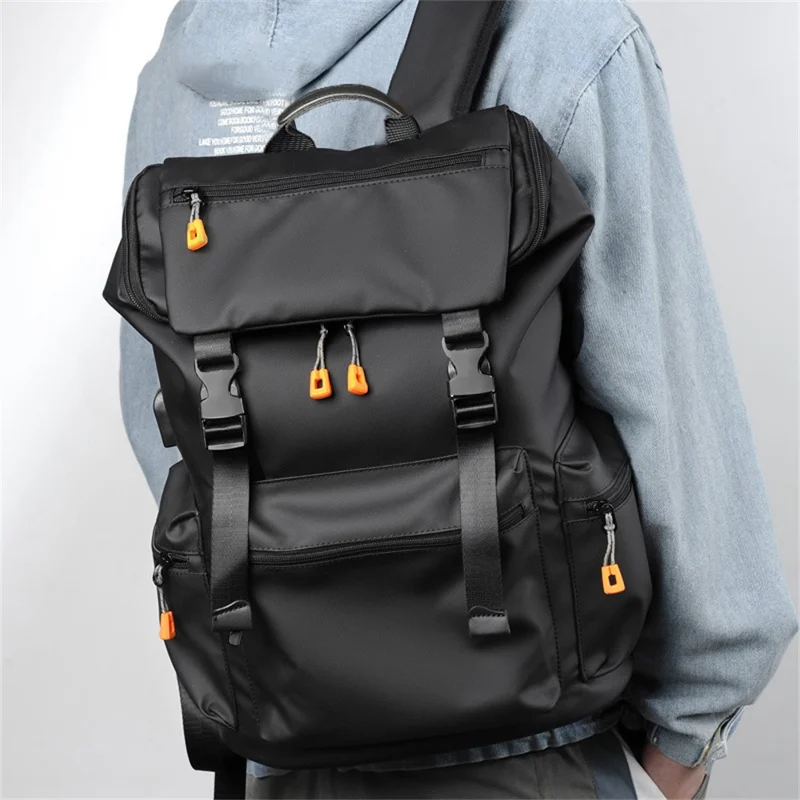 B1862 Double Shoulder Rucksack Waterproof Oxford Fabric Laptop Backpack with External USB Port - Black