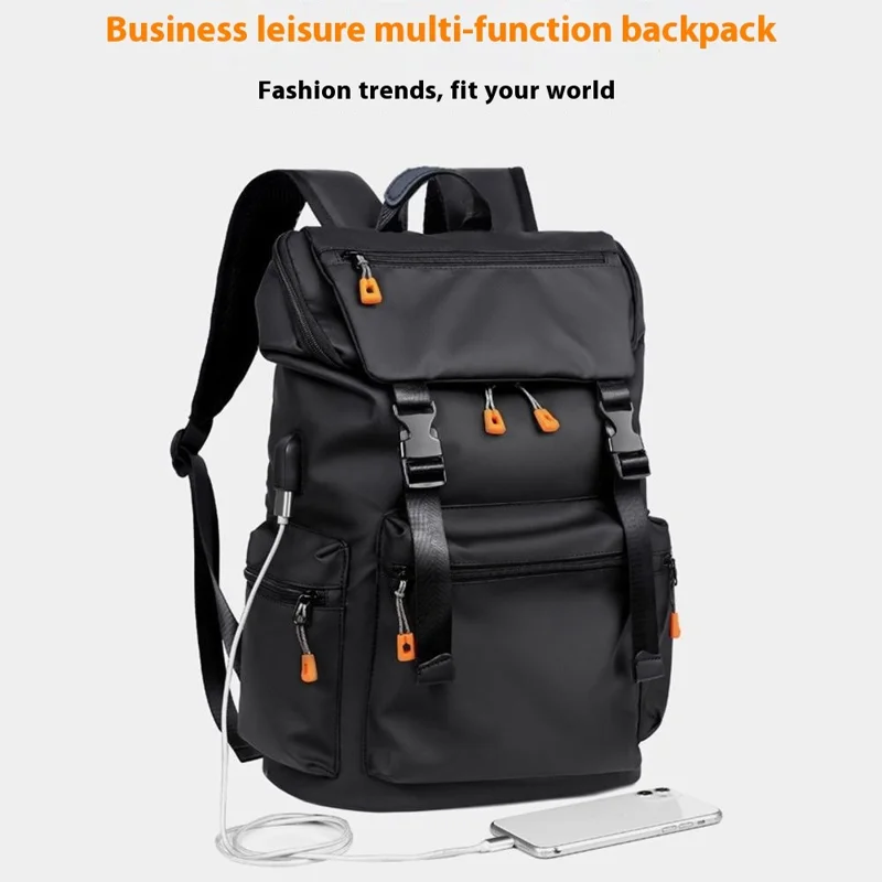 B1862 Double Shoulder Rucksack Waterproof Oxford Fabric Laptop Backpack with External USB Port - Black
