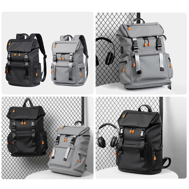 B1862 Double Shoulder Rucksack Waterproof Oxford Fabric Laptop Backpack with External USB Port - Black