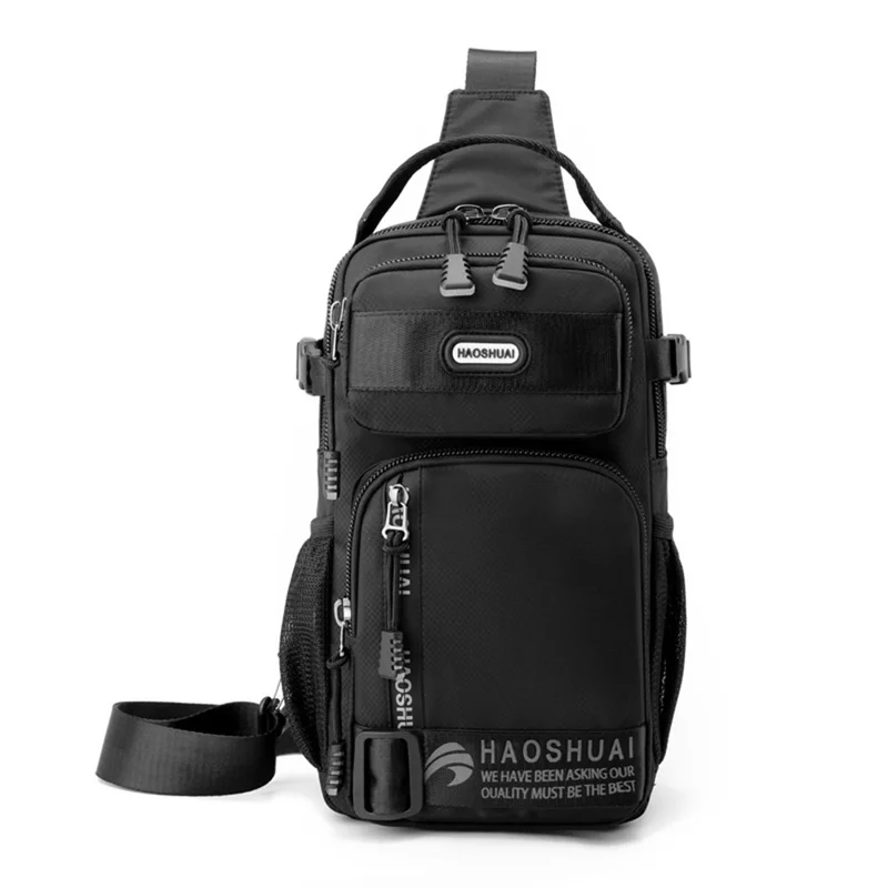 HAOSHUAI 1700-01 Modische Herren-Brustpackung Wasserdichter Nylon-Umhängetasche für iPad 9,7 Zoll - Schwarz