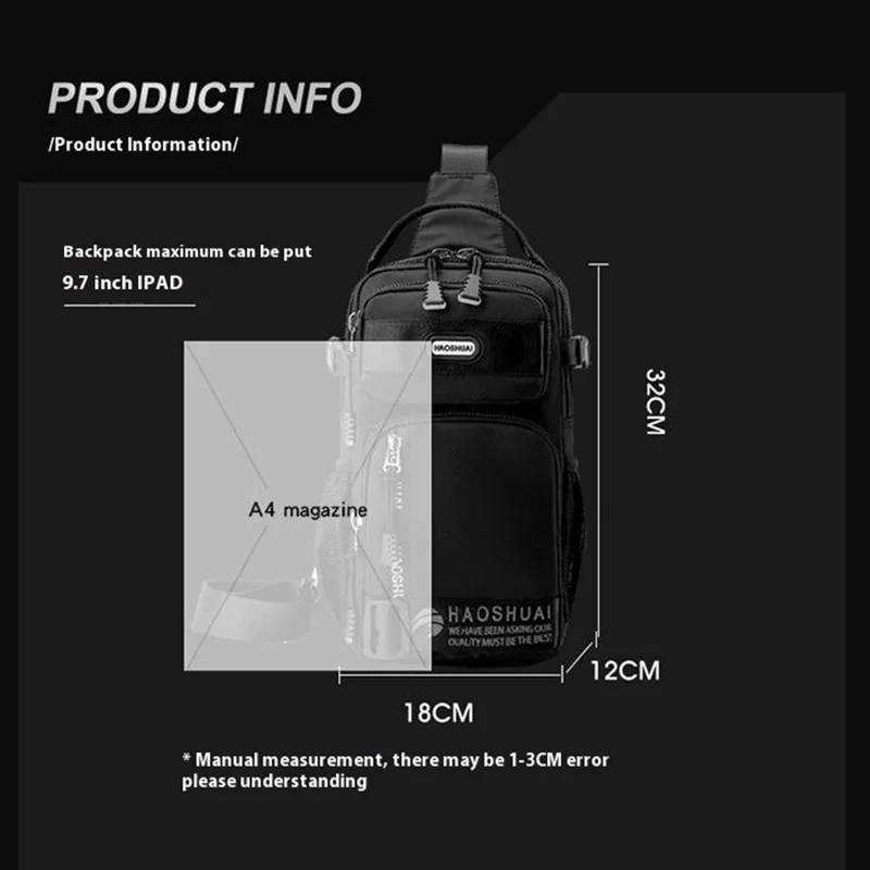 HAOSHUAI 1700-01 Modische Herren-Brustpackung Wasserdichter Nylon-Umhängetasche für iPad 9,7 Zoll - Schwarz