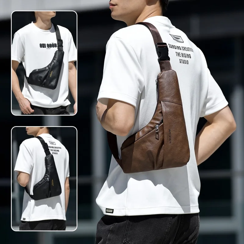 WEIXIER X453 Umhängetasche Brusttasche Modernes Minimalistisches Design Wasserabweisende PU-Ledertasche mit Reißverschlusstaschen vorne - Braun