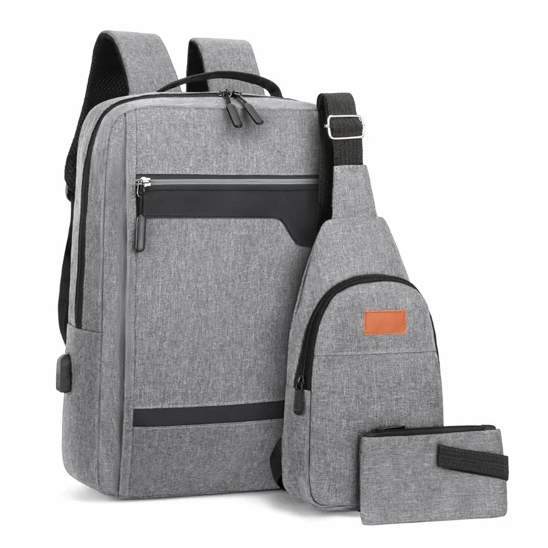 Ensemble de 3 Pièces : Sac à Dos Professionnel, Sacoche Bandoulière et Pochette de Travail - Imperméable en Tissu Oxford - Gris