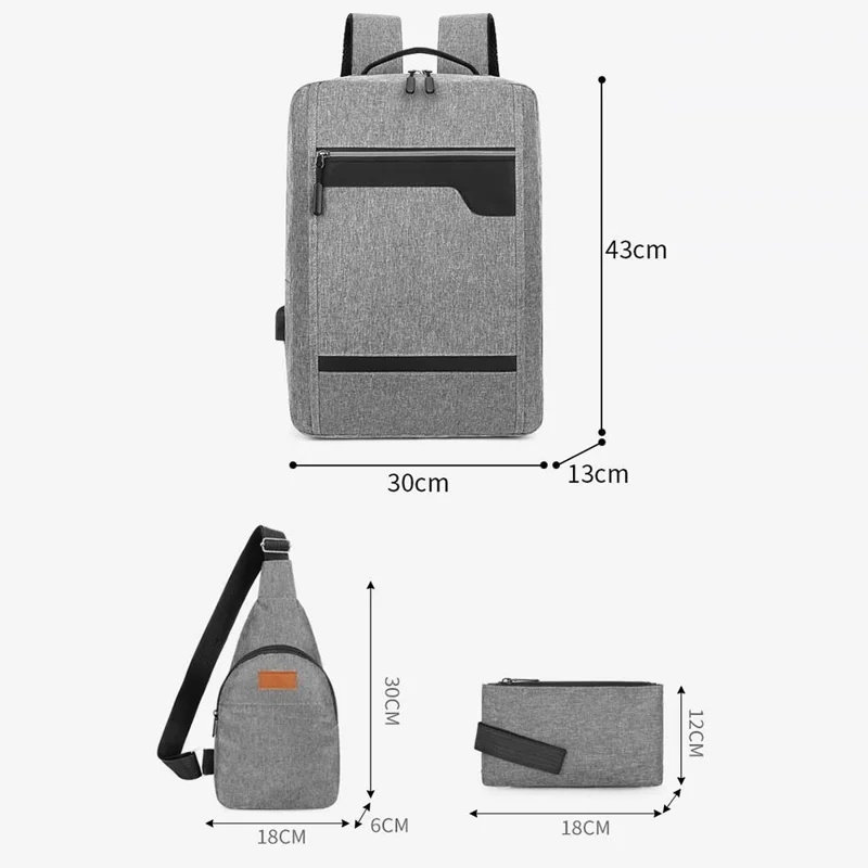 Ensemble de 3 Pièces : Sac à Dos Professionnel, Sacoche Bandoulière et Pochette de Travail - Imperméable en Tissu Oxford - Gris