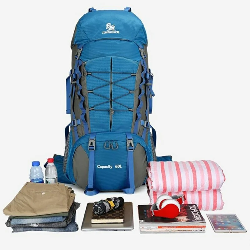 JINSHIWQ J-306 Outdoor Hiking Backpack Waterproof Nylon 60L Multifunctional Travel Camping Rucksack - Dark Blue