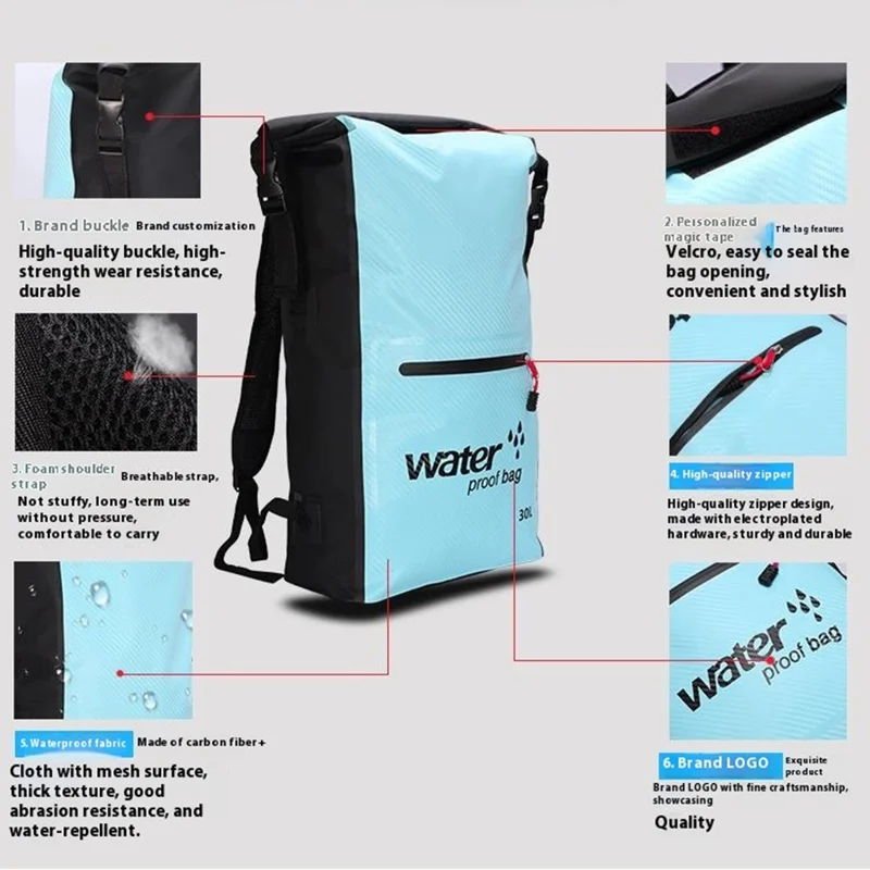 Mochila impermeable para exteriores de 30L, ligera, para natación, rafting, senderismo y playa - Azul bebé