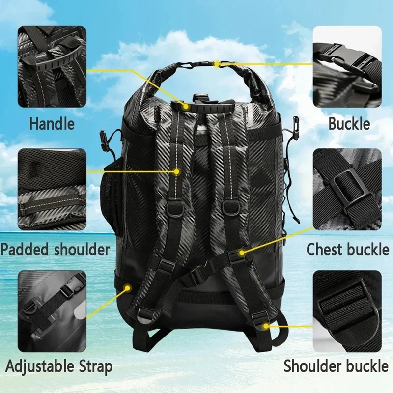 30L Carbon Fiber Waterproof Backpack Large Capacity Outdoor Sports Daypack with Removable Mesh Pocket - Black