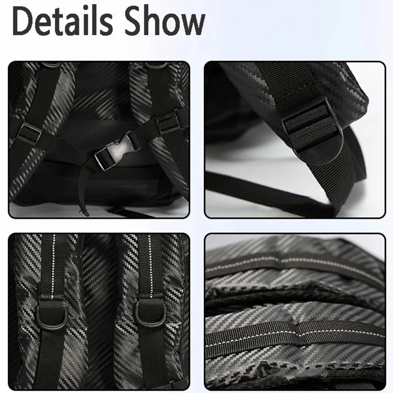 30L Carbon Fiber Waterproof Backpack Large Capacity Outdoor Sports Daypack with Removable Mesh Pocket - Black