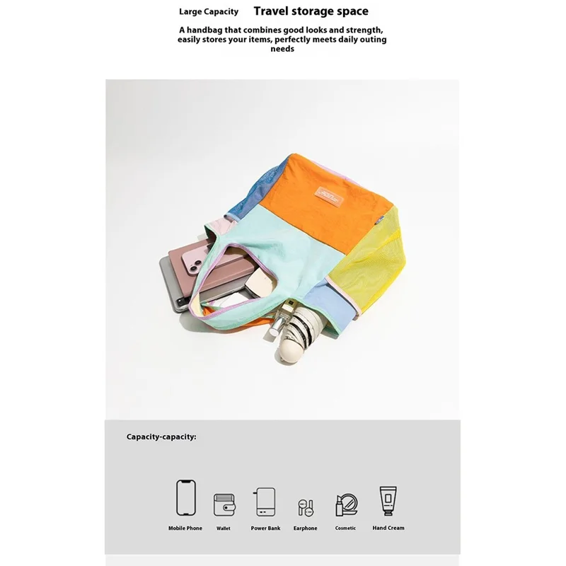 NL493 Color Block Oxford Fabric Tote Bag for Daily Shopping Foldable Lightweight Handbag (without Ornament) - Orange