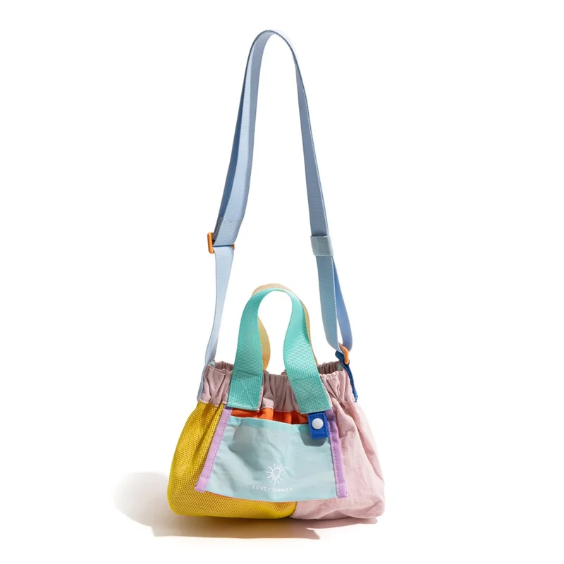 NL492 Size S Color Block Tote Bag Lightweight Nylon Foldable Crossbody Shoulder Handbag - Pink