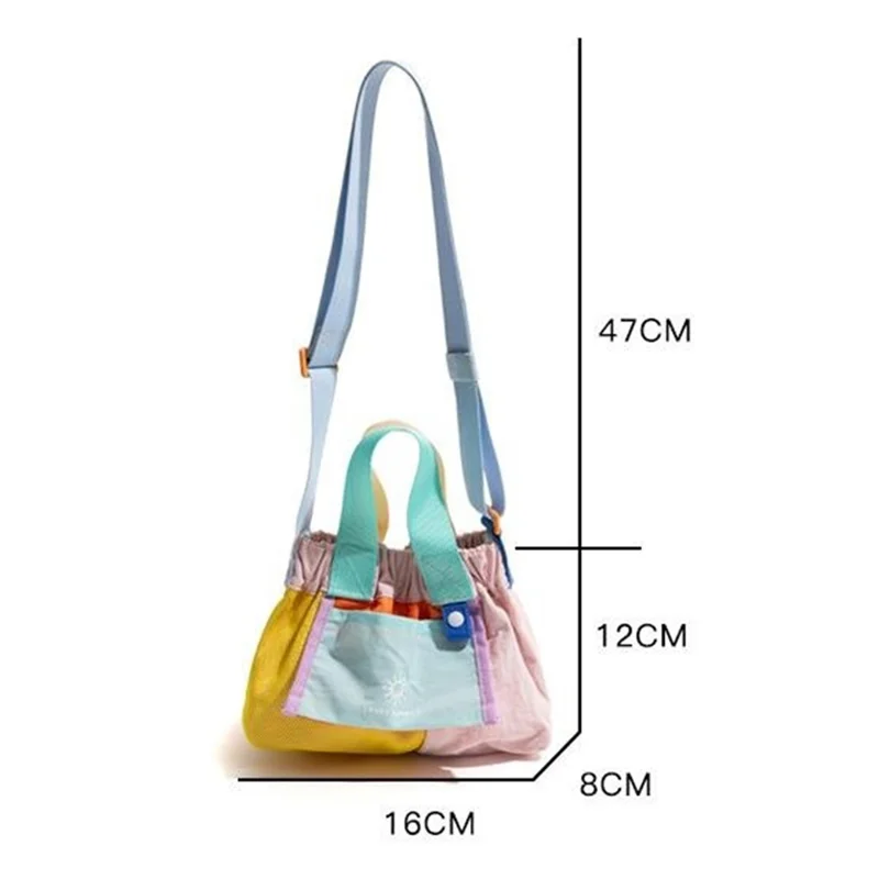NL492 Size S Color Block Tote Bag Lightweight Nylon Foldable Crossbody Shoulder Handbag - Pink