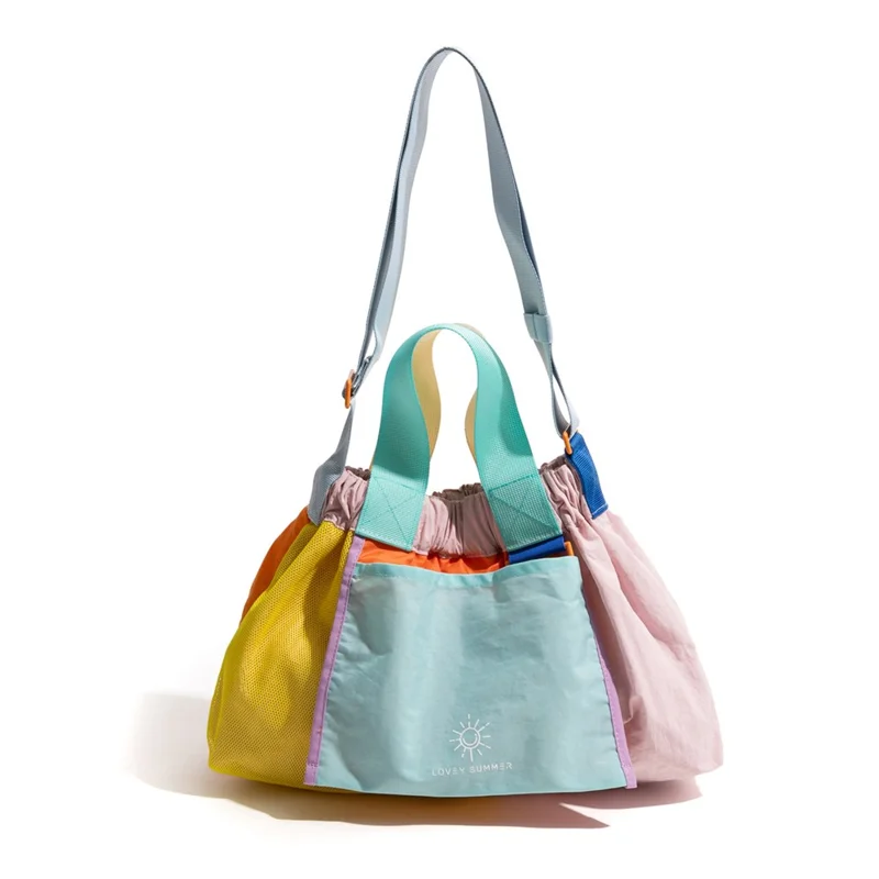 NL492 Size L Color Block Tote Bag Lightweight Nylon Foldable Crossbody Shoulder Handbag - Pink
