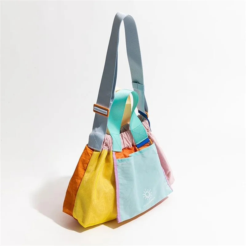 NL492 Size L Color Block Tote Bag Lightweight Nylon Foldable Crossbody Shoulder Handbag - Pink