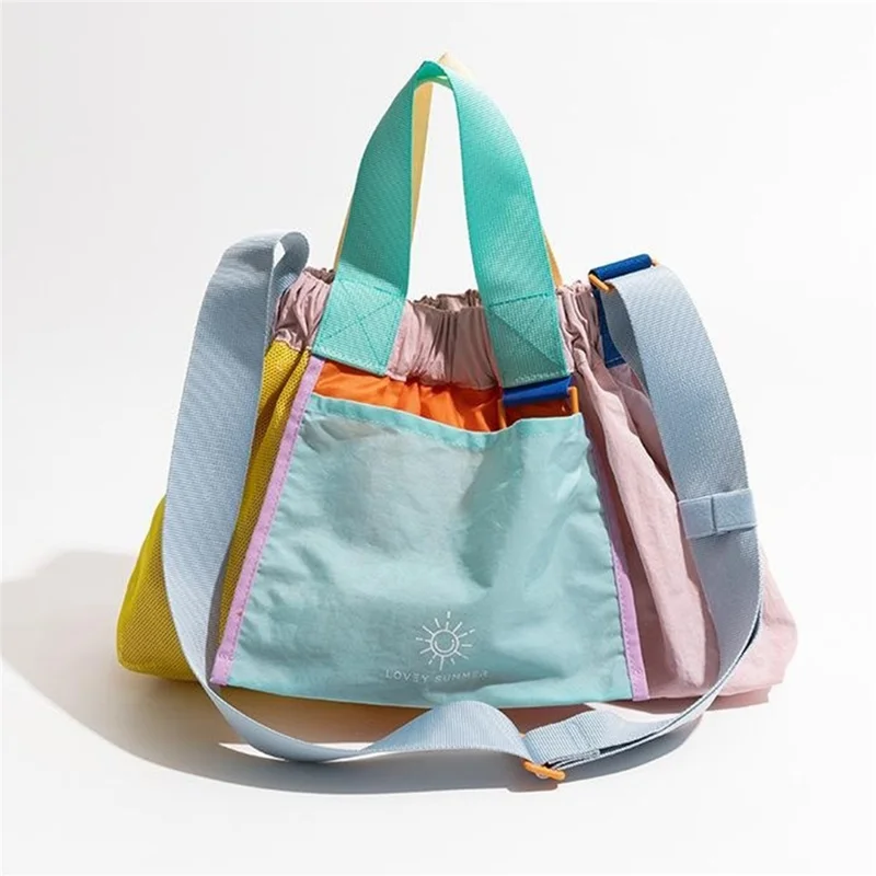 NL492 Size L Color Block Tote Bag Lightweight Nylon Foldable Crossbody Shoulder Handbag - Pink