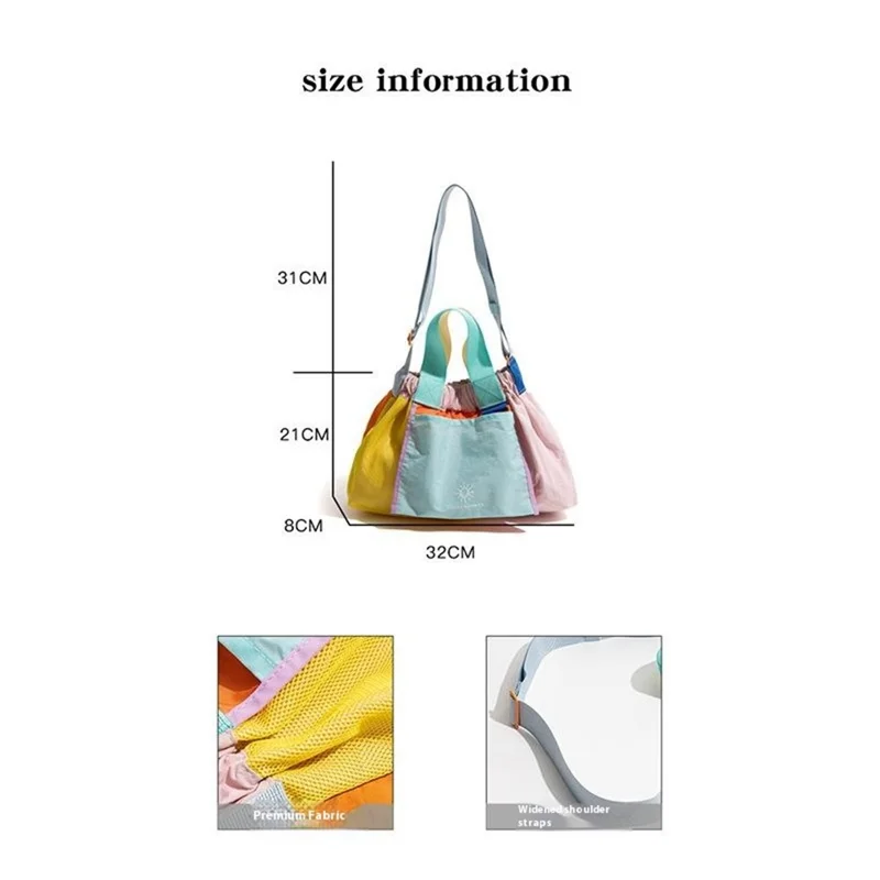 NL492 Size L Color Block Tote Bag Lightweight Nylon Foldable Crossbody Shoulder Handbag - Pink