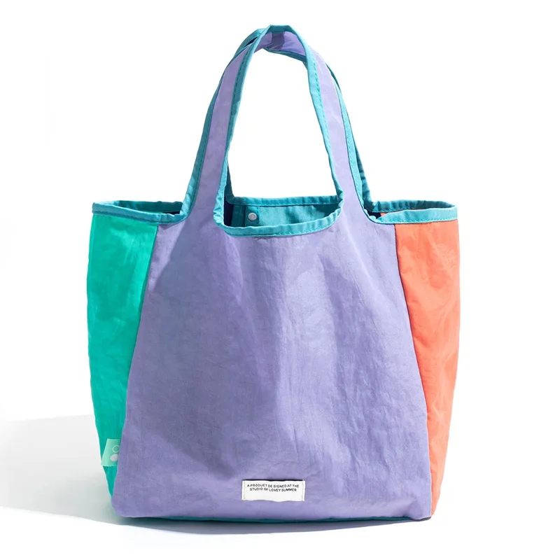 F6469 Fashion Color Block Tote Bag Lightweight Nylon Foldable Handbag for Daily  /  Shopping - Purple Splicing