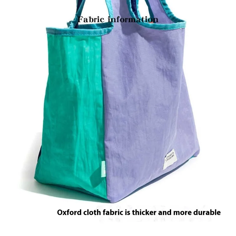 F6469 Fashion Color Block Tote Bag Lightweight Nylon Foldable Handbag for Daily  /  Shopping - Purple Splicing