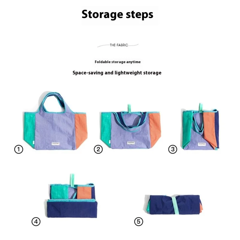 F6469 Fashion Color Block Tote Bag Lightweight Nylon Foldable Handbag for Daily  /  Shopping - Purple Splicing