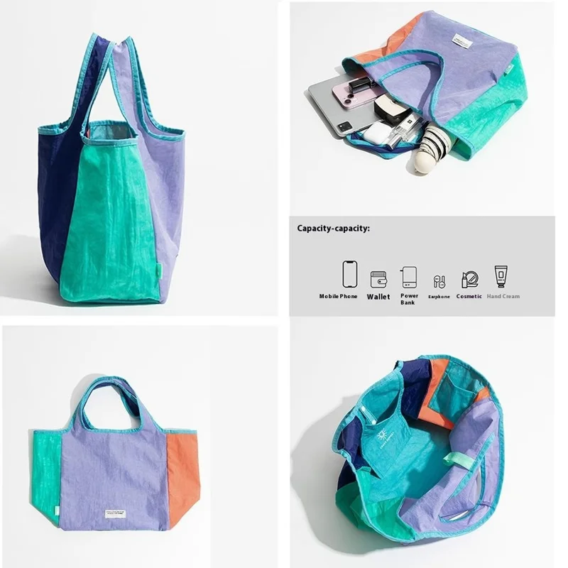 F6469 Fashion Color Block Tote Bag Lightweight Nylon Foldable Handbag for Daily  /  Shopping - Purple Splicing