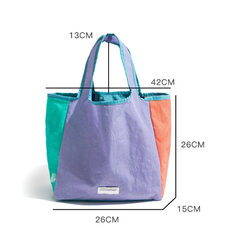 F6469 Fashion Color Block Tote Bag Lightweight Nylon Foldable Handbag for Daily  /  Shopping - Purple Splicing