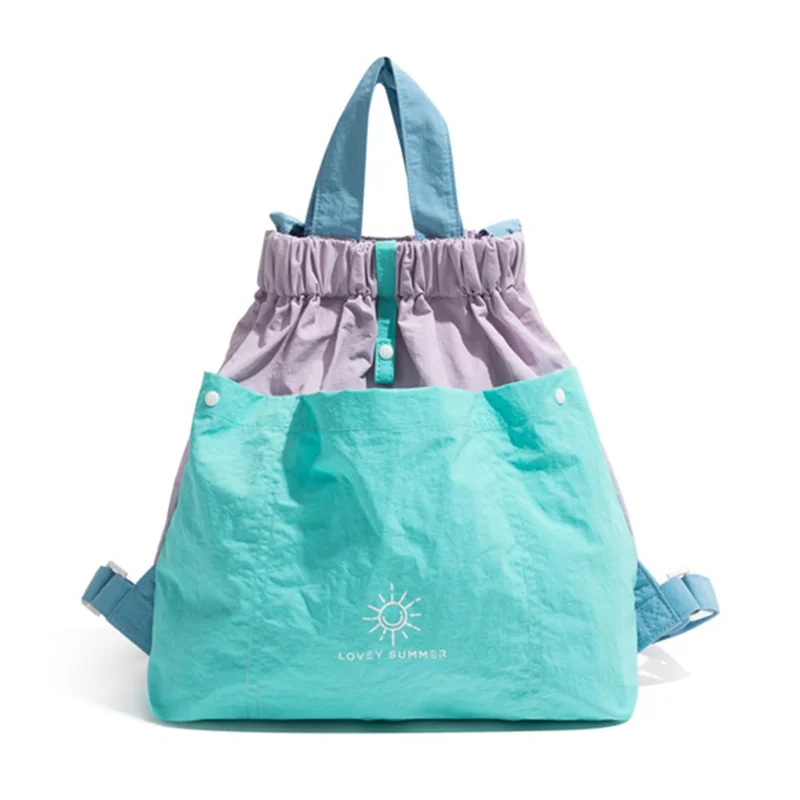 NL1595  Casual Nylon Double Shoulder Bag Color Block Tote Backpack with Hidden Magnetic Closure - Light Purple Splicing