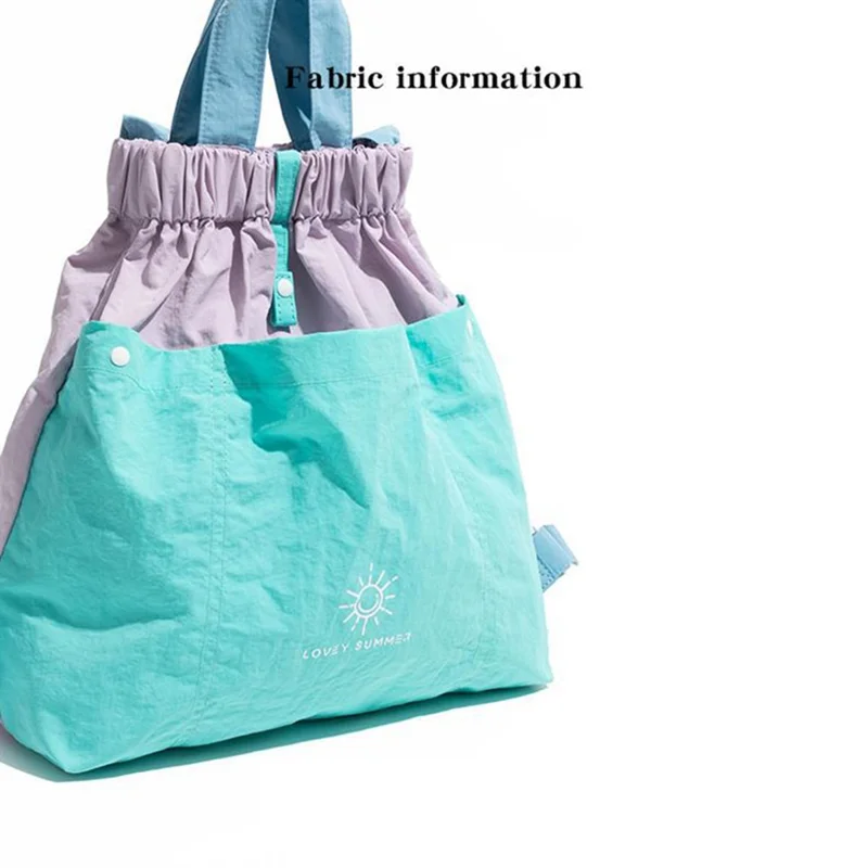 NL1595  Casual Nylon Double Shoulder Bag Color Block Tote Backpack with Hidden Magnetic Closure - Light Purple Splicing