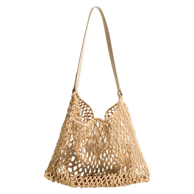Hollow Woven Tote Bag Women Large Capacity Single Shoulder Handbag for Beach Travel - Khaki