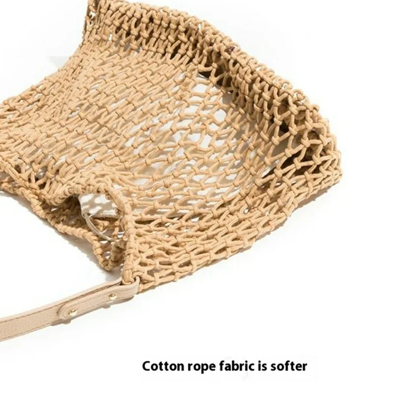 Hollow Woven Tote Bag Women Large Capacity Single Shoulder Handbag for Beach Travel - Khaki