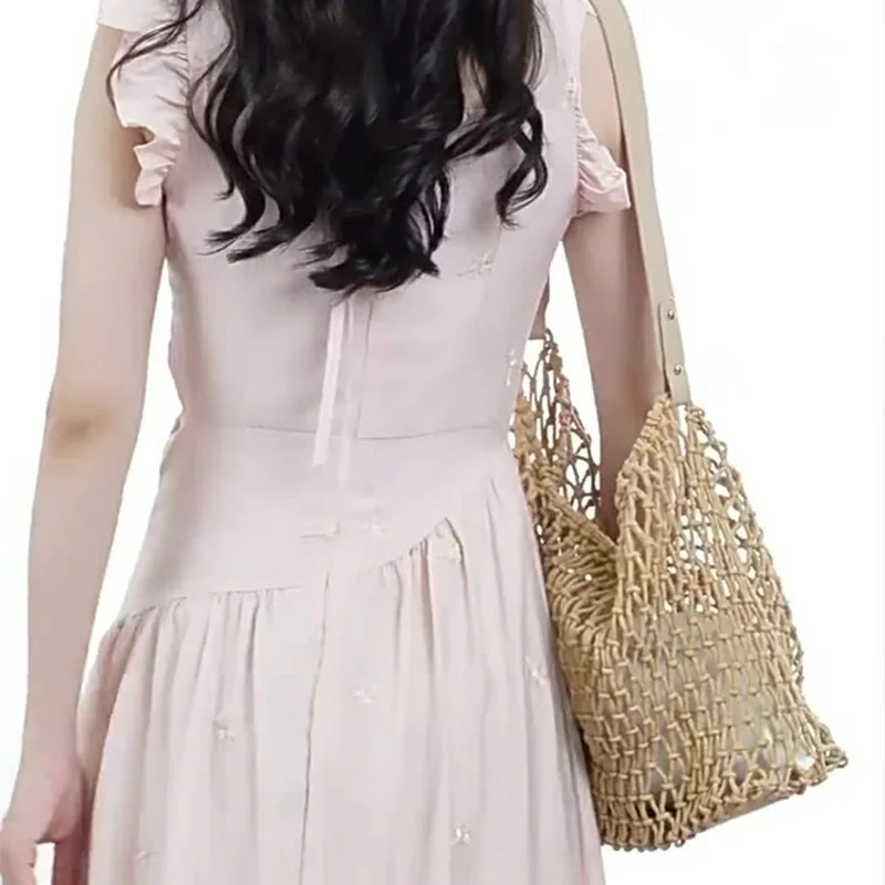 Hollow Woven Tote Bag Women Large Capacity Single Shoulder Handbag for Beach Travel - Khaki