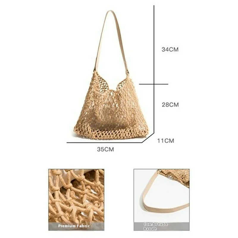 Hollow Woven Tote Bag Women Large Capacity Single Shoulder Handbag for Beach Travel - Khaki