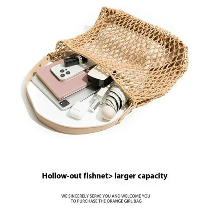 Hollow Woven Tote Bag Women Large Capacity Single Shoulder Handbag for Beach Travel - White