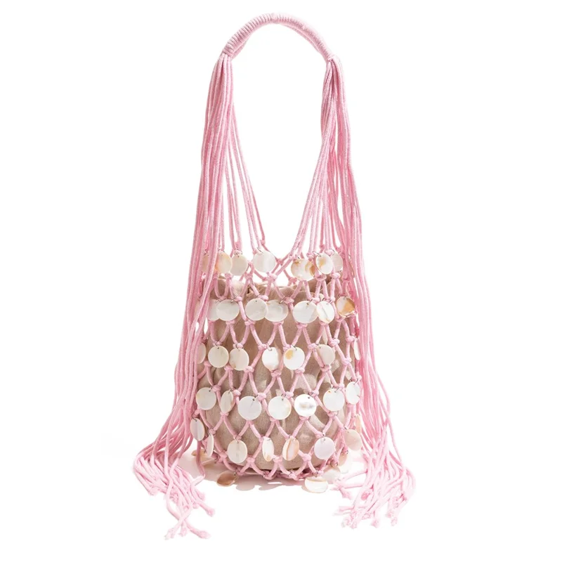 Summer Fresh Woven Bucket Bag Unique Hollow Out Sequin Casual Tote Bag - Pink