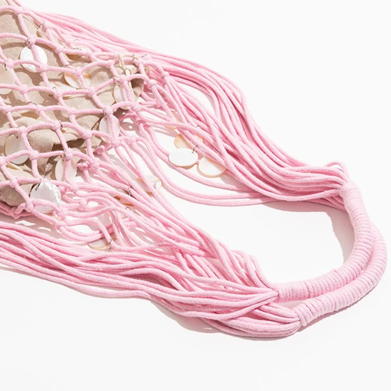 Summer Fresh Woven Bucket Bag Unique Hollow Out Sequin Casual Tote Bag - Pink