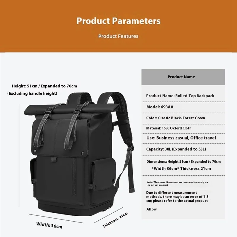 EURCOOL EC-693AA Men Roll Top Business Travel Backpack Oxford Cloth Expandable Outdoor Hiking Daypack - Black