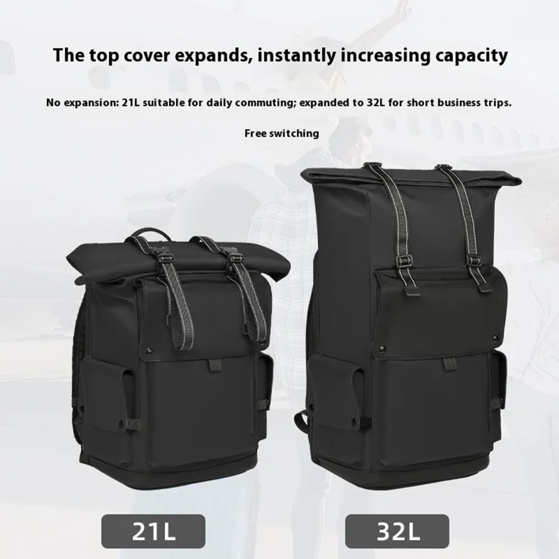 EURCOOL EC-693AA Men Roll Top Business Travel Backpack Oxford Cloth Expandable Outdoor Hiking Daypack - Black