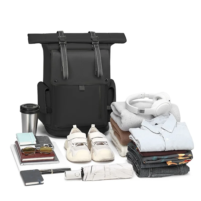 EURCOOL EC-693AA Men Roll Top Business Travel Backpack Oxford Cloth Expandable Outdoor Hiking Daypack - Black