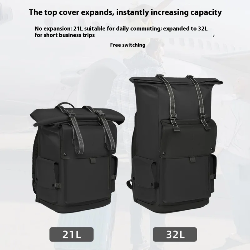 EURCOOL EC-693AA Men Roll Top Business Travel Backpack Oxford Cloth Expandable Outdoor Hiking Daypack - Black