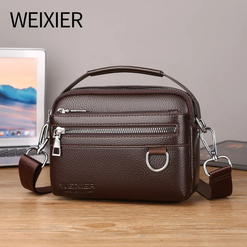 WEIXIER D892 Sac à bandoulière en cuir PU imperméable pour homme, sacoche de voyage compacte avec bandoulière unique - Marron foncé