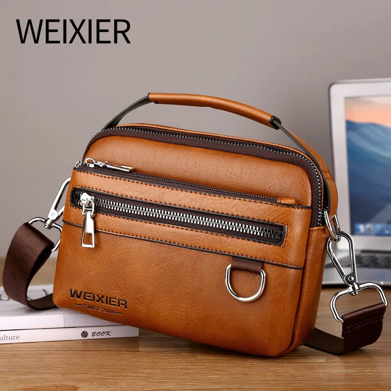 WEIXIER D891 Sacoche Compacte pour Homme en Cuir PU Imperméable - Bandoulière et Sacoche Banane - Marron Clair