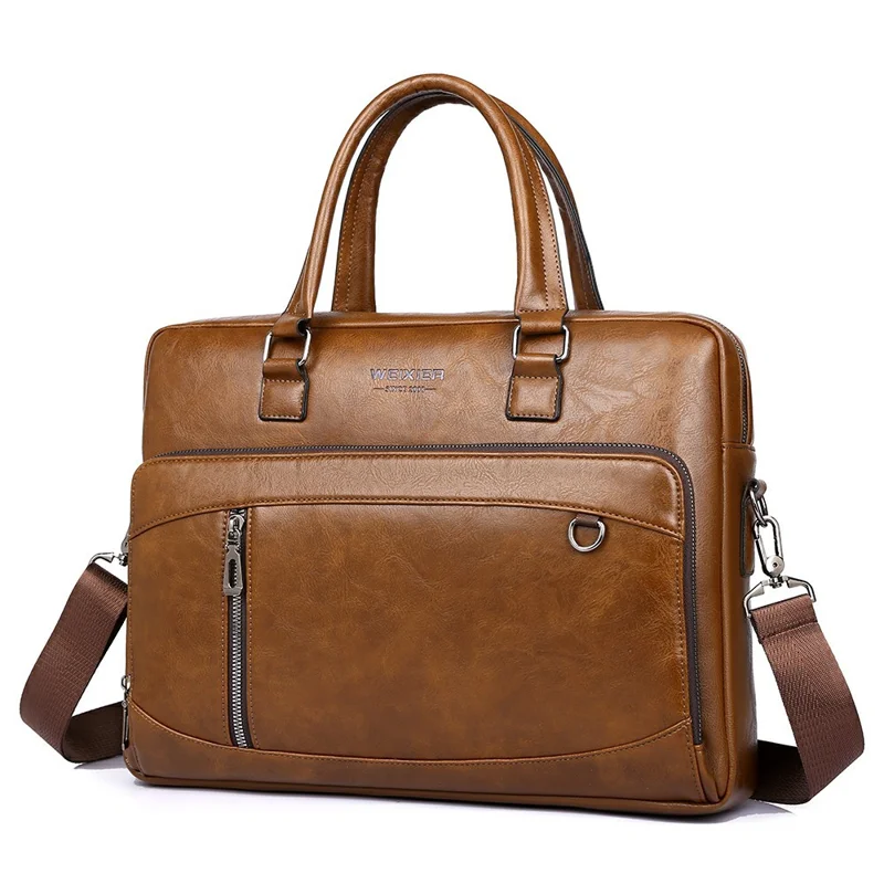 WEIXIER T663 15.6 Inch Laptop Bag Horizontal Crossbody Bag PU Leather Business Briefcase for Men - Light Brown